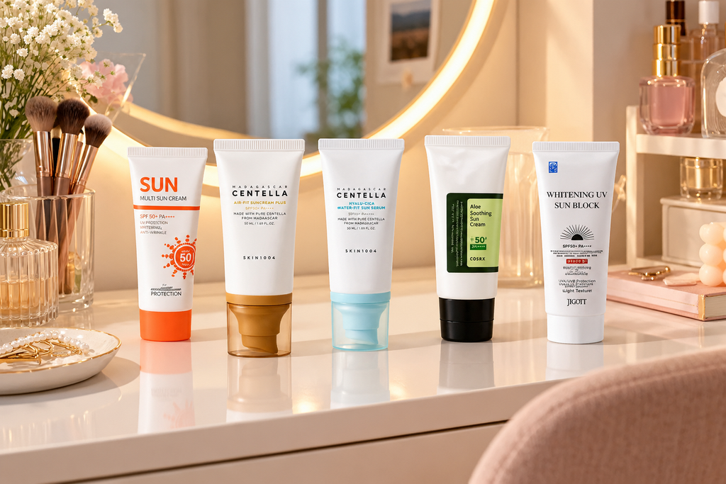 Best sunscreen for Sri Lanka: five Korean sunscreen tubes, including SKIN1004 Centella and COSRX Aloe, on a vanity