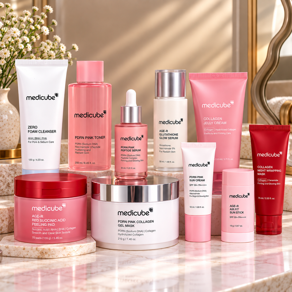 Medicube Sri Lanka skincare products flat lay – cleansers, serums, and creams